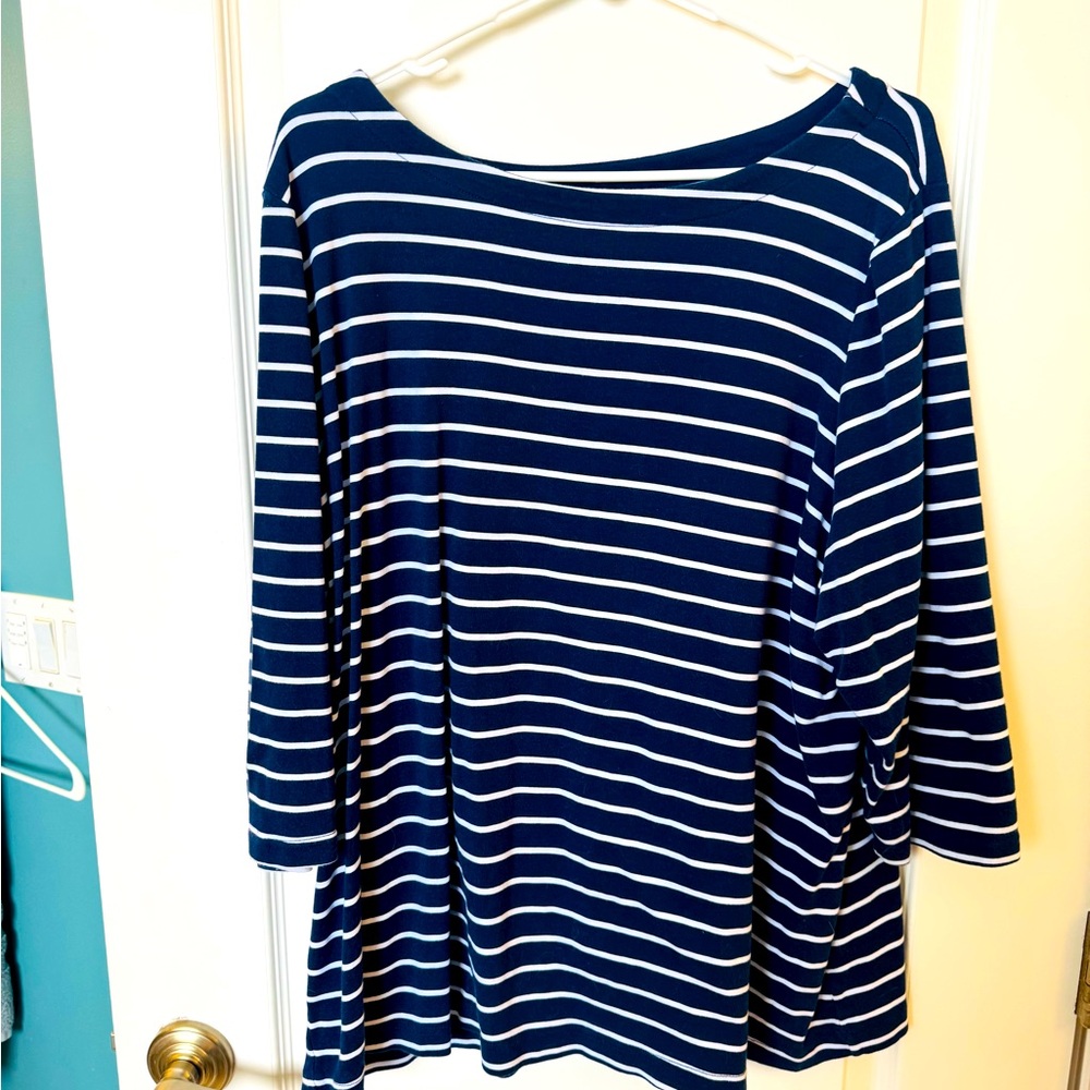 Croft and  barrow, blue and white boat neck top long three-quarter sleeve